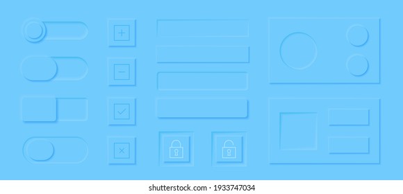 Neumorphism style elements vector set. Modern website or mobile app design. Volume control buttons and knobs. Minimal style neumorphism buttons. Neumorphic UI UX soft blue interface.