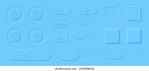 Neumorphism style elements vector set. Modern website or mobile app design. Volume control buttons and knobs. Minimal style neumorphism buttons. Neumorphic UI UX soft blue interface.