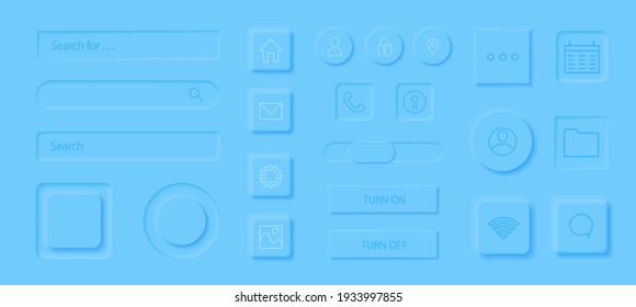 Neumorphism style elements vector set. Modern website or mobile app design. Volume control buttons and knobs. Minimal style neumorphism buttons. Neumorphic UI UX interface.