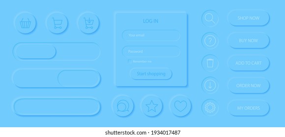 Neumorphism style elements vector set. Modern website or mobile app design. Online shopping web design. Online shop buttons. Minimal style neumorphism. Neumorphic UI UX interface.
