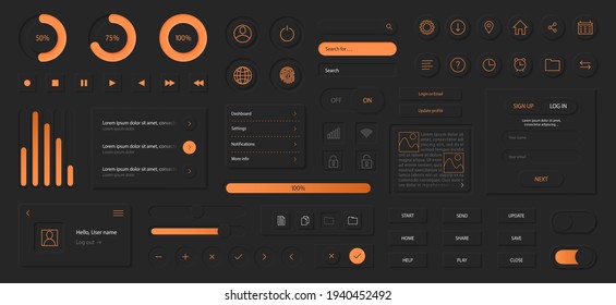 Neumorphismus Stil Elemente Vektorset. Modernes Design-Paket für Website oder mobile App. Minimal-Stil Drucktasten oder Icons Kit. Neumorphische UI UX schwarze Design-Kollektion.