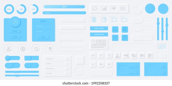 Neumorphism style elements vector set. Modern website or mobile app design bundle. Minimal style neumorphism buttons or icons kit. Neumorphic UI UX white and blue design collection.