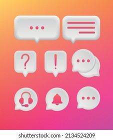  Neumorphism style of thinking sign symbol. Set of 3D icon speak bubble text, chatting box, message box, question, bell ringing, support realistic vector illustration design. On the pink background.