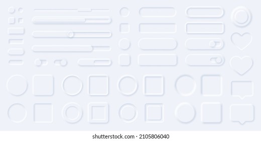 Neumorphism style ui elements, buttons, progress bars, sliders, panels. Neumorphic user interface design kit for web or mobile app vector set. Square, rectangle and round panels in minimalistic style