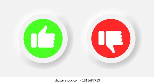 Neumorphism thumb up and down icon collection, neumorphic red and green flat do`s and don`ts like and unlike yes and no vector symbol isolated illustration.