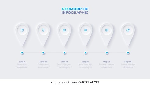 Neumorphism timeline infographic. Process visualization with 6 options, parts or steps