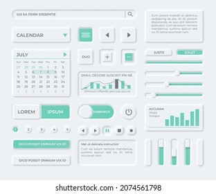 Neumorphism ui components for business app dashboard design. Modern neomorphic buttons, search form, slider, calendar and chart vector set. User interface elements for gadgets or devices