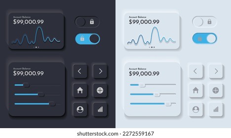 Neumorphism UI elements digital finance, dark and light modes, white and black design for smart technology and applications. 