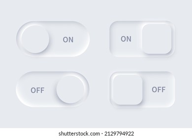 Neumorphism UI, on and off buttons set vector illustration. Neumorphic soft white 3d slider bars, active unlock and lock power badges, user interface switch panels with shadow and circle shape