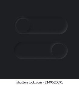 Neumorphism UI, slide bar set vector illustration. Neumorphic soft black slidebars with shadow for mobile app, soft switch panels of trendy buttons, elegant minimalist web interface