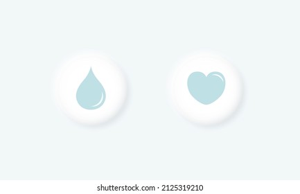 Neumorphism UI soft button, Water droplet and heart, Social media