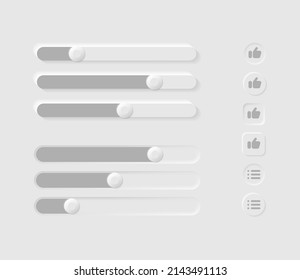 Neumorphism UI UX realistic user interface elements. For websites, mobile menu, navigation and apps. White web buttons with gray design elements. Push, toggle switch buttons and sliders.