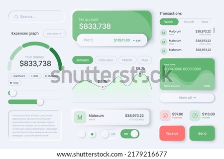 Neumorphism user interface design elements, widgets for online financial banking mobile application with charts, cards, account transactions, buttons in vector