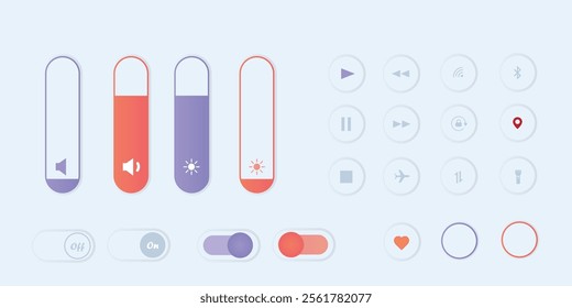 Neumorphism vector buttons for mobile app: brightness,music player, location,etc. Geometric shapes: circle, rectangle on white background with light shadows.Eps 10 vector illustation.ui ux interface
