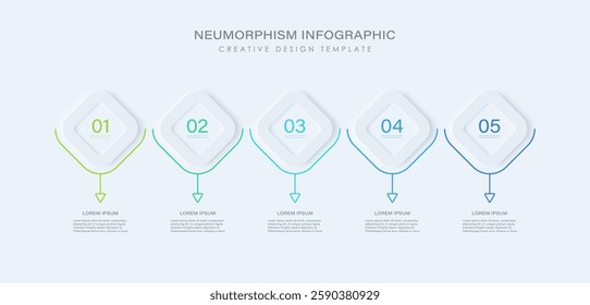 Neumorphism vector infographic template with arrows. 5 steps or options