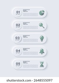 Neumorphismus vertikale Infografik-Design-Vorlage mit fünf Schritten oder Optionen. Reinigen Sie das Infografik-Layout mit Symbolen