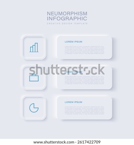 Neumorphism vertical infographic design template with three steps and icons. White infographics design template.