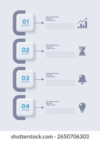 Plantilla de infografía de Vertical de neumorfismo con 4 pasos u opciones. Diseño de infografía limpio para diapositivas de presentación