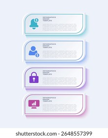 Modelo de infográfico vertical de neumorfismo. Layout de 4 opções ou processos com ícones