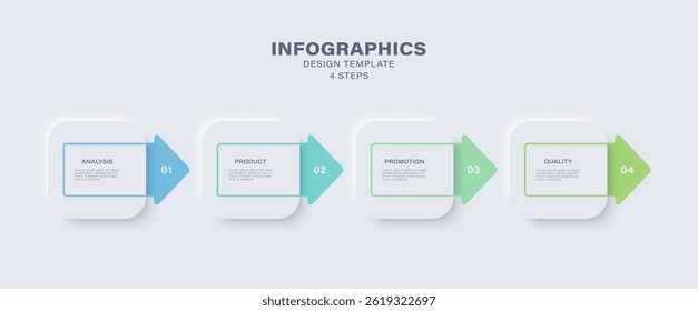 Neumorphism white infographic template with 4 steps or options and arrows. Vector infographic design template