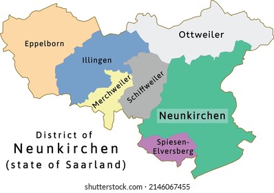 Neunkirchen district map of Saarland state in Germany. Vectored. Colors shamrock, concrete, polo blue, drover, orchid, silver, caramel