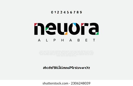 Neuora abstract digital technology logo font alphabet. Minimal modern urban fonts for logo, brand etc. Typography typeface uppercase lowercase and number. vector illustration