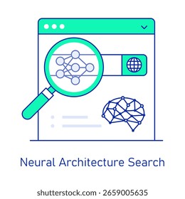Neuronale Architektursuche, KI-Modell, Deep Learning, Netzwerkoptimierung, AutoML - Linienvektorgrafik