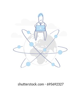 Neural or block chain network, global networking illustration concept. Cute cartoon man sitting on the globe and working with laptop.