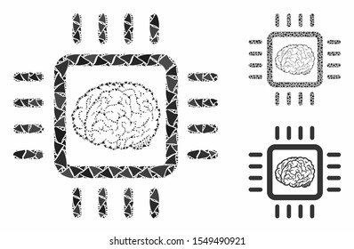 Neural chip composition of trembly parts in variable sizes and color tinges, based on neural chip icon. Vector ragged parts are grouped into collage. Neural chip icons collage with dotted pattern.