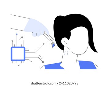 El chip neural implanta el concepto abstracto de ilustración vectorial. Uso de ICB invasiva, implantes de chips neuronales, industria física, innovaciones de óptica y láseres, metáfora abstracta de tecnología moderna.