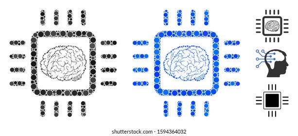 Neural chip mosaic of spheric dots in various sizes and shades, based on neural chip icon. Vector dots are organized into blue mosaic. Dotted neural chip icon in usual and blue versions.