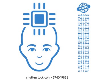Neural Computer Interface icon with bonus men clip art. Vector illustration style is flat iconic cobalt symbols on white background.