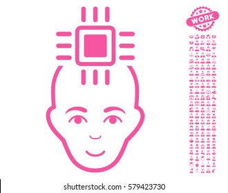Neural Computer Interface icon with bonus occupation images. Vector illustration style is flat iconic pink symbols on white background.