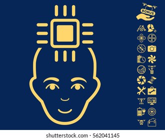 Neural Computer Interface pictograph with bonus uav tools symbols. Vector illustration style is flat iconic yellow symbols on blue background.