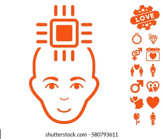 Neural Computer Interface pictograph with bonus valentine symbols. Vector illustration style is flat iconic orange symbols on white background.