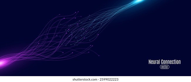Neural connection background. Connectors analyze big data into neural network. Connected blue and purple lines with dots for science backdrop. Vector illustration. EPS 10