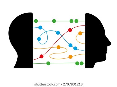 Neural connections inside human head. Abstract model of thinking, communication and information processing concept. Simplicity vector illustration, isolated.