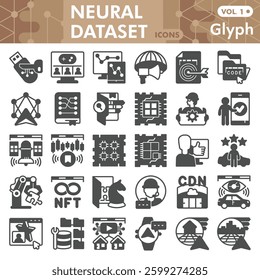Neural dataset symbols collection or sketches, deep learning theme bar in glyph style signs for web and app. Vector graphics isolated on white background