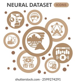 Neural dataset symbols collection or sketches, deep learning theme bubbles in glyph style signs for web and app. Vector graphics isolated on white background