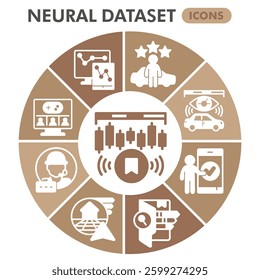 Neural dataset symbols collection or sketches, deep learning theme diagram pie in glyph style signs for web and app. Vector graphics isolated on white background