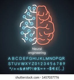 Neural engineering neon light icon. Neuroengineering. Living neural tissue and artificial constructs. Bioinformatics. Glowing sign with alphabet, numbers and symbols. Vector isolated illustration