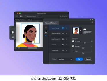 Neural Filters in raster graphics editor. Toolbar. Software for creating retouching and digital art
