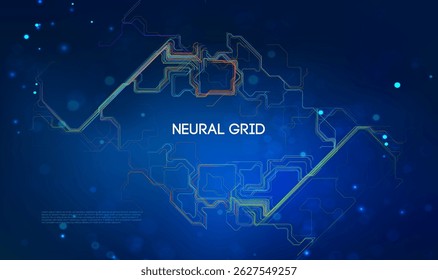 Neural grid concept with futuristic glowing circuit lines on dark blue background, artificial intelligence, deep learning, cyber network, and advanced technology data flow design