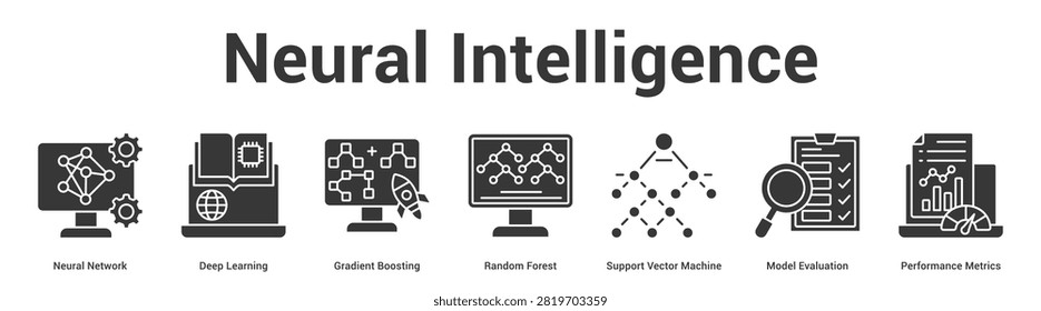 Neural Intelligence web banner icon vector illustration concept for business with icon of Neural Network, Deep Learning, Gradient Boosting, Random Forest, Support Vector Machine, Model Evaluation,.