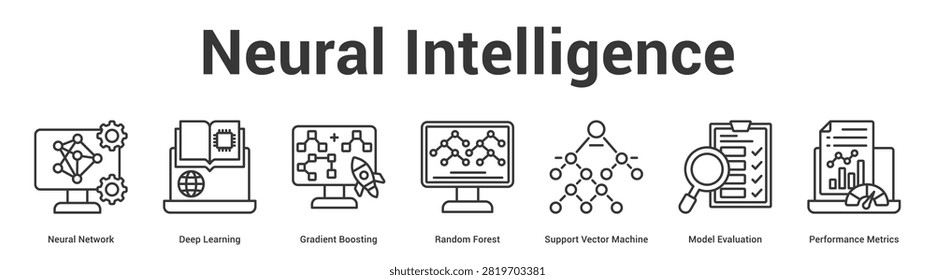 Neural Intelligence web banner icon vector illustration concept for business with icon of Neural Network, Deep Learning, Gradient Boosting, Random Forest, Support Vector Machine, Model Evaluation,.