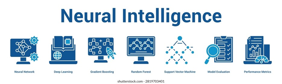 Neural Intelligence web banner icon vector illustration concept for business with icon of Neural Network, Deep Learning, Gradient Boosting, Random Forest, Support Vector Machine, Model Evaluation,.