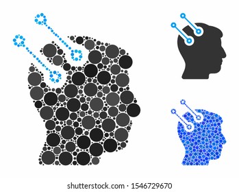 Neural interface connectors composition of small circles in various sizes and color tinges, based on neural interface connectors icon. Vector small circles are grouped into blue composition.