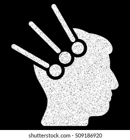Neural Interface Connectors grainy textured icon for overlay watermark stamps. Flat symbol with dust texture. Dotted vector white ink rubber seal stamp with grunge design on a black background.