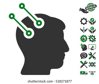 Neural Interface Connectors icon with bonus tools design elements. Vector illustration style is flat iconic green and gray symbols on white background.