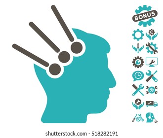 Neural Interface Connectors icon with bonus settings icon set. Vector illustration style is flat iconic grey and cyan symbols on white background.